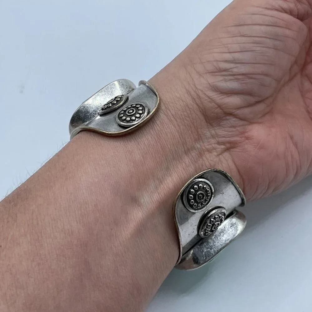 Lucky Brand Southwestern Boho Three Stone Green Silver Wide Cuff Bracelet
